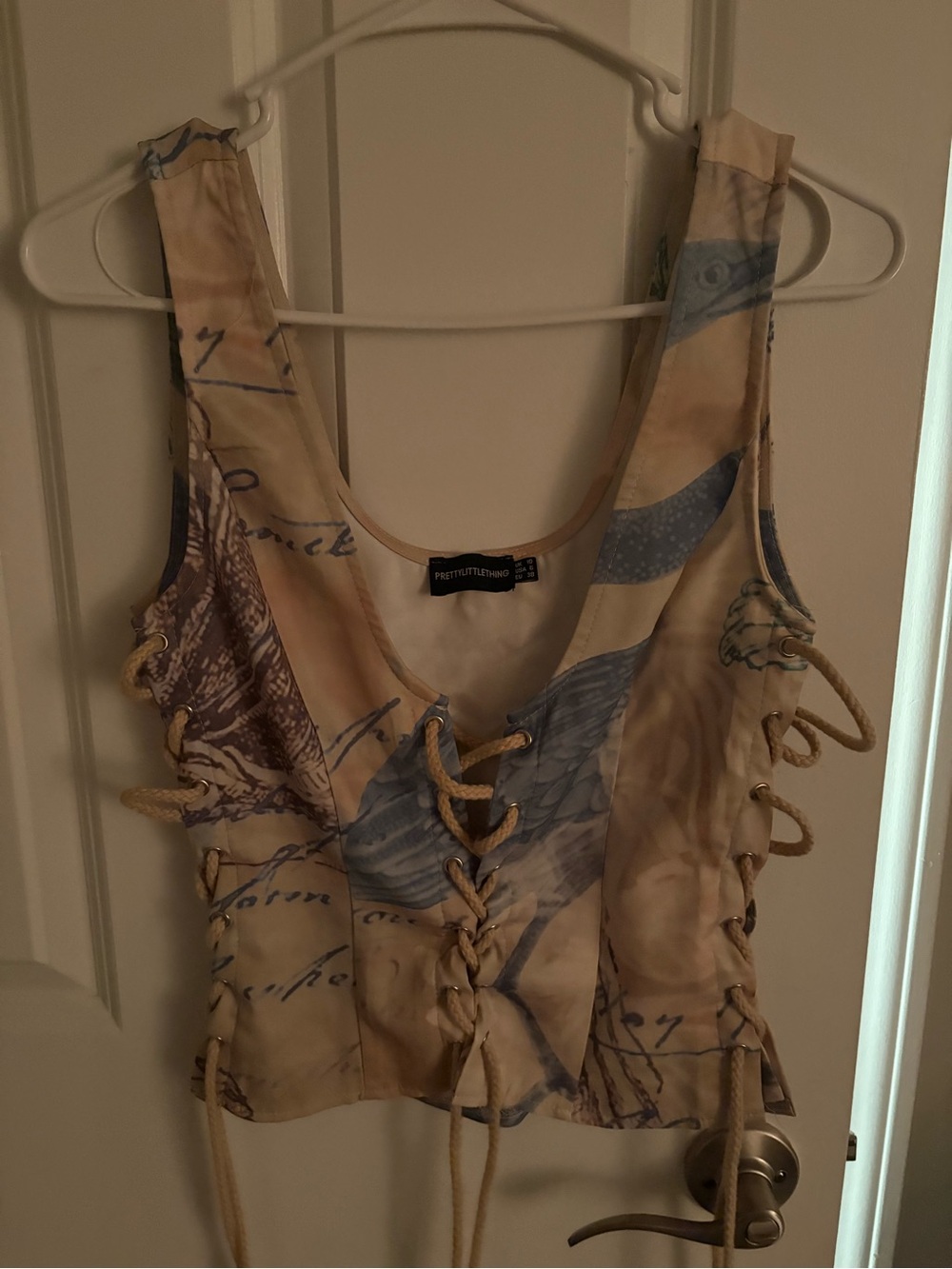 PrettyLittleThing Beige & Blue Lace-Up Crop Tank